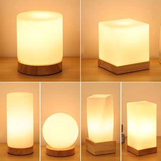 Simple White Glass Shade Wood Base Night Table Lamp Zawala Image - 12