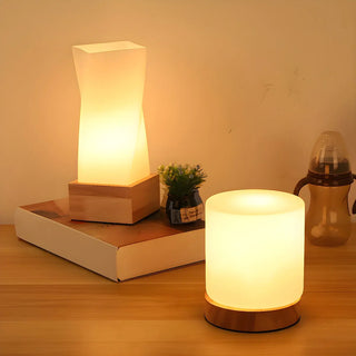 Simple White Glass Shade Wood Base Night Table Lamp Zawala Image - 3