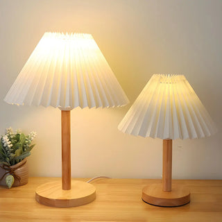 Simple Pleated Shade Wood Base LED Bedside Table Lamp Zawala Image - 1