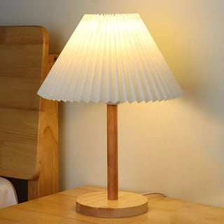 Simple Pleated Shade Wood Base LED Bedside Table Lamp Zawala Image - 2