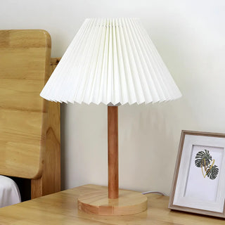 Simple Pleated Shade Wood Base LED Bedside Table Lamp Zawala Image - 3