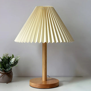 Simple Pleated Shade Wood Base LED Bedside Table Lamp Zawala Image - 4