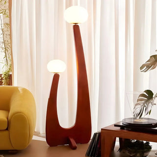 Modish Double Globe Brown Wooden Yoji Floor Lamp Zawala Image - 1