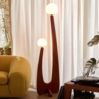 Modish Double Globe Brown Wooden Yoji Floor Lamp Zawala Image - 3
