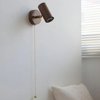 Cylinder Brown Solid Wood Reading Wall Light with Pull Chain Zawala Image - 2