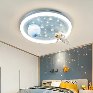 Kids Bedroom Blue Space-Themed Round Flush Mount Light Zawala Image - 1
