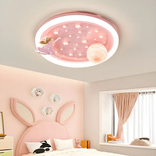 Kids Bedroom Blue Space-Themed Round Flush Mount Light Zawala Image - 2