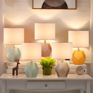 Stylish Geometric Base Barrel Fabric Shade Table Lamp Zawala Image - 1