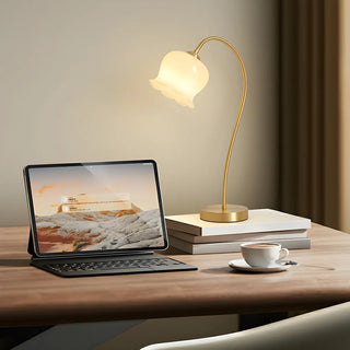Stylish Flower-Shaped Glass Shade Gold Arc Table Lamp Image - 4
