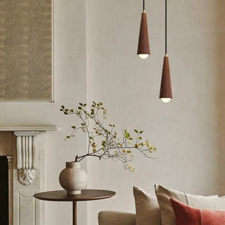 ZOWALA - Modern Brown Walnut Pleated Cone Dining Room Pendant Light Image - 7