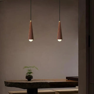 ZOWALA - Modern Brown Walnut Pleated Cone Dining Room Pendant Light Image - 8