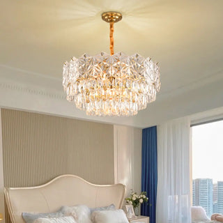 Clear Glass Crystal Gold Tiered Bedroom Drum Chandelier Image - 1