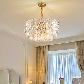 Clear Glass Crystal Gold Tiered Bedroom Drum Chandelier Image - 2