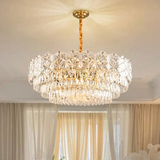 Clear Glass Crystal Gold Tiered Bedroom Drum Chandelier Image - 3