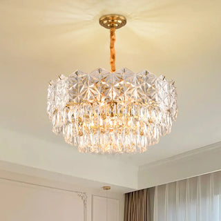 Clear Glass Crystal Gold Tiered Bedroom Drum Chandelier Image - 6
