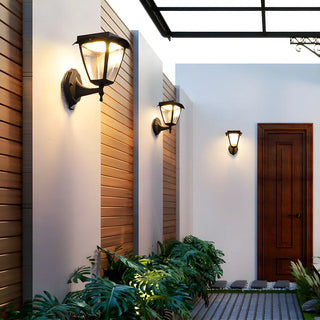 Traditional Glass Lantern Metal Solar Wall Light Black Image - 1