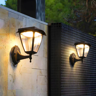 Traditional Glass Lantern Metal Solar Wall Light Black Image - 2