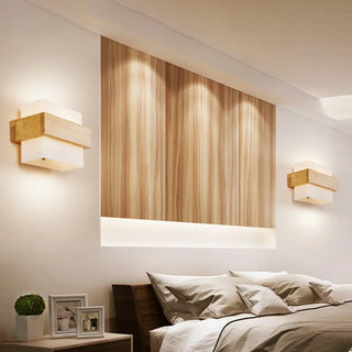 Trendy Square Wood and Glass Bedroom Wall Sconce Zawala Image - 3