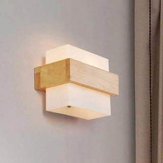 Trendy Square Wood and Glass Bedroom Wall Sconce Zawala Image - 4