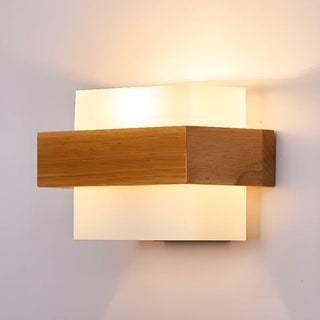 Trendy Square Wood and Glass Bedroom Wall Sconce Zawala Image - 6