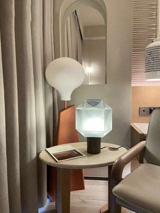 Stylish Gray Cylinder Base Geometric Shade Table Lamp Zawala Image - 3