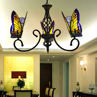 ZOWALA - Vintage Black Stained Glass Butterfly Chandelier Image - 1