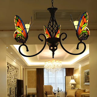 ZOWALA - Vintage Black Stained Glass Butterfly Chandelier Image - 2