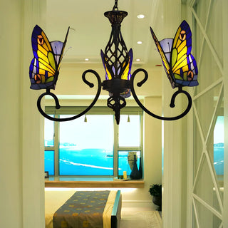 ZOWALA - Vintage Black Stained Glass Butterfly Chandelier Image - 3