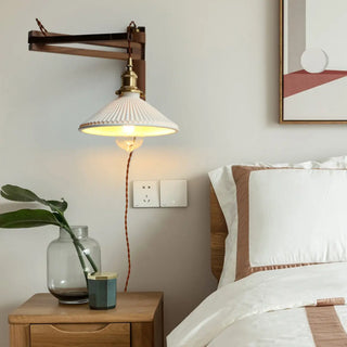 Bedside Ceramic Cone Wood Swing Arm Wall Sconce Zawala Image - 3