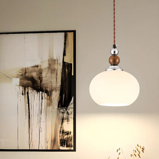 ZOWALA - Vintage Milk Glass Globe Pendant Light Wood and Chrome Image - 1