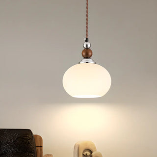 ZOWALA - Vintage Milk Glass Globe Pendant Light Wood and Chrome Image - 3