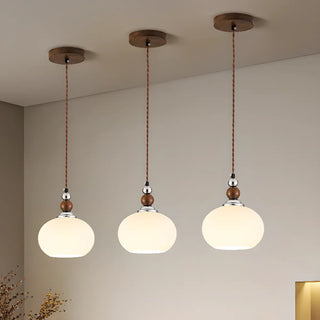 ZOWALA - Vintage Milk Glass Globe Pendant Light Wood and Chrome Image - 2