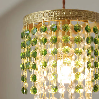 Vintage Cylinder Green Crystal Bead Brass Pendant Light Zawala Image - 13