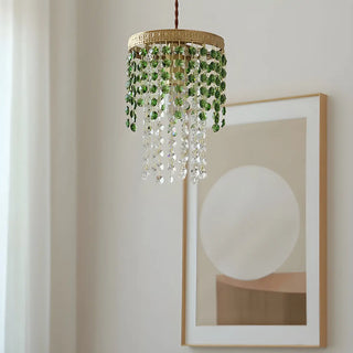 Vintage Cylinder Green Crystal Bead Brass Pendant Light Zawala Image - 14