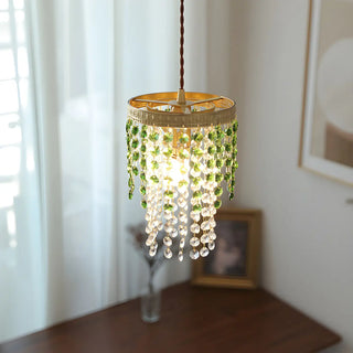 Vintage Cylinder Green Crystal Bead Brass Pendant Light Zawala Image - 2