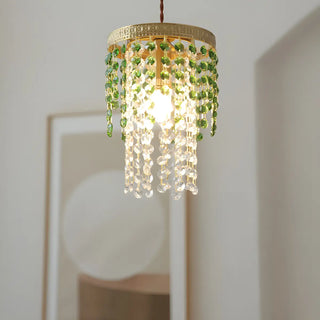 Vintage Cylinder Green Crystal Bead Brass Pendant Light Zawala Image - 3