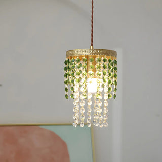 Vintage Cylinder Green Crystal Bead Brass Pendant Light Zawala Image - 4