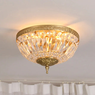 Vintage Crystal Gold Bowl Flush Mount Light Antique Brass Image - 1