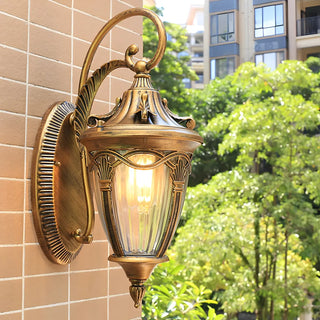 Antique Curved Arm Bronze Cone Glass Lantern Wall Light Image - 1