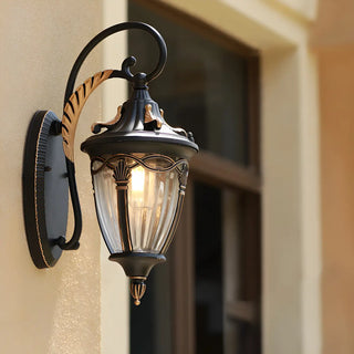 Antique Curved Arm Bronze Cone Glass Lantern Wall Light Image - 10