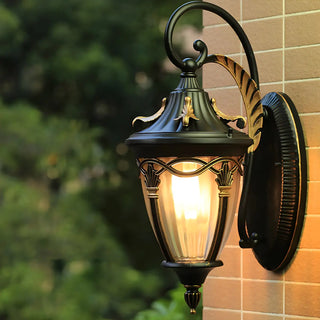 Antique Curved Arm Bronze Cone Glass Lantern Wall Light Image - 2
