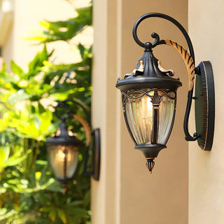 Antique Curved Arm Bronze Cone Glass Lantern Wall Light Image - 3