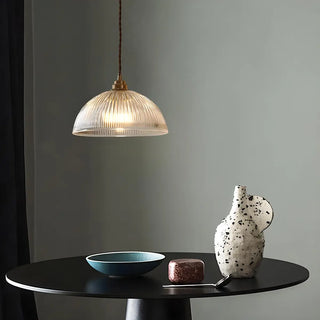 ZOWALA - Vintage Brass Ribbed Glass Dome Pendant Light Image - 1