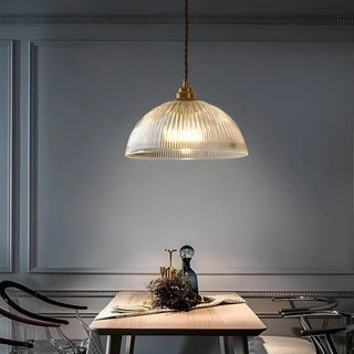 ZOWALA - Vintage Brass Ribbed Glass Dome Pendant Light Image - 2
