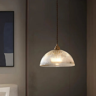 ZOWALA - Vintage Brass Ribbed Glass Dome Pendant Light Image - 4