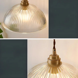 ZOWALA - Vintage Brass Ribbed Glass Dome Pendant Light Image - 6