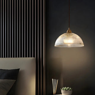 ZOWALA - Vintage Brass Ribbed Glass Dome Pendant Light Image - 9