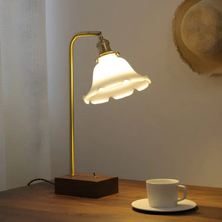 Stylish Beige Bell Shade Curved Wood Base Table Lamp Zawala Image - 1