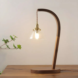 Stylish Beige Bell Shade Curved Wood Base Table Lamp Zawala Image - 2
