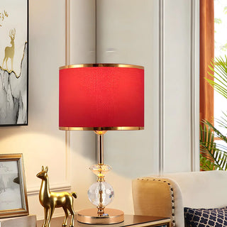 Stylish Red Fabric Drum Shade Crystal Base Table Lamp Zawala Image - 1